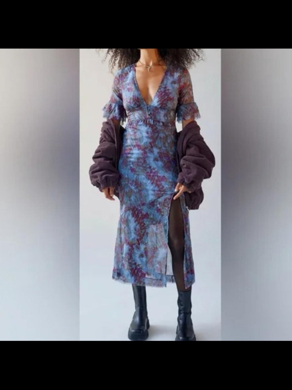 NWT Urban Outfitters Florence Chiffon Midi Dress Blue Purple Floral Size Large